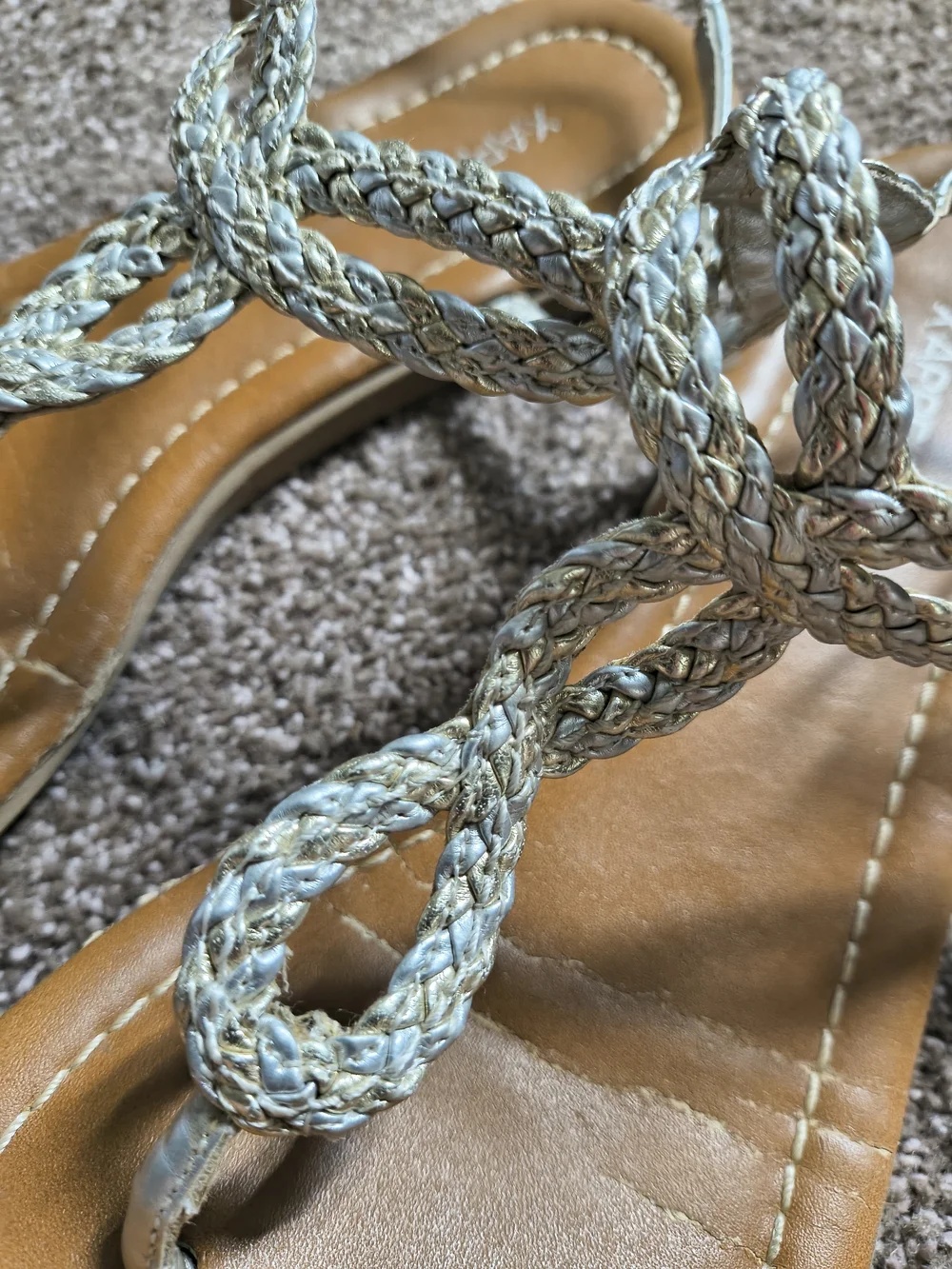 Xappeal Tan Footbed Sandals with Silver Braided T-Strap
